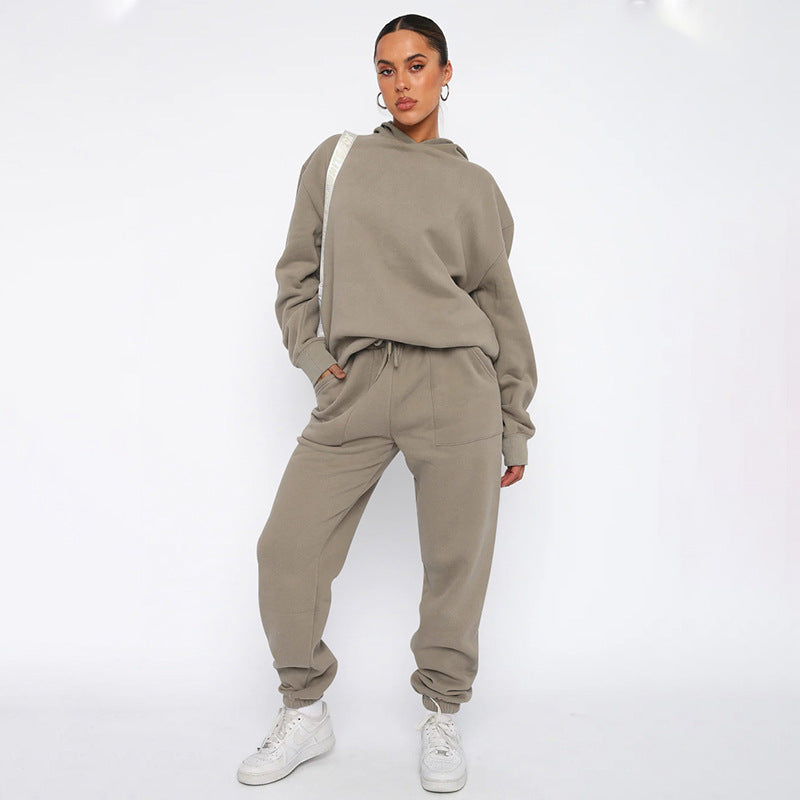 Suéter de manga larga con capucha de color liso para mujer, ropa informal, pantalones, traje, otoño e invierno