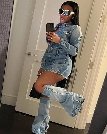 Conjunto de tres piezas de vestido vaquero lavado con múltiples bolsillos para mujer, incluye pantalones