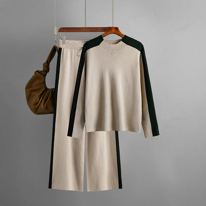 Traje de suéter de cuello alto para mujer, otoño invierno, contraste de color, pantalones cortos de patchwork, traje de dos piezas