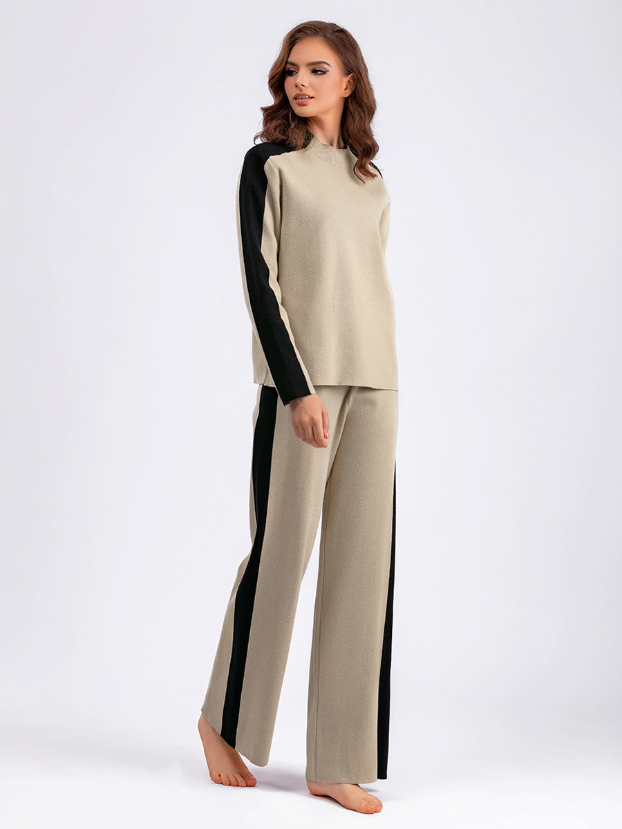 Traje de suéter de cuello alto para mujer, otoño invierno, contraste de color, pantalones cortos de patchwork, traje de dos piezas