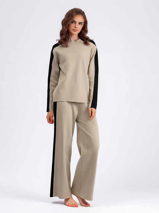 Traje de suéter de cuello alto para mujer, otoño invierno, contraste de color, pantalones cortos de patchwork, traje de dos piezas