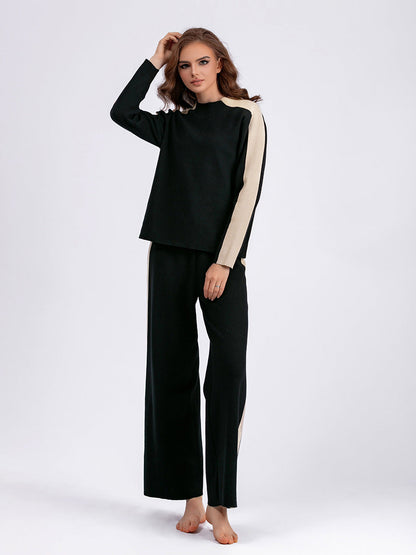 Traje de suéter de cuello alto para mujer, otoño invierno, contraste de color, pantalones cortos de patchwork, traje de dos piezas