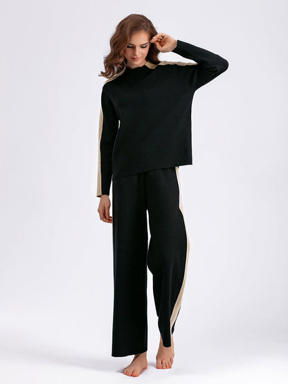 Traje de suéter de cuello alto para mujer, otoño invierno, contraste de color, pantalones cortos de patchwork, traje de dos piezas