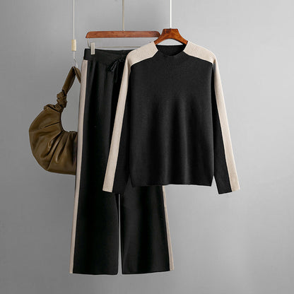 Traje de suéter de cuello alto para mujer, otoño invierno, contraste de color, pantalones cortos de patchwork, traje de dos piezas