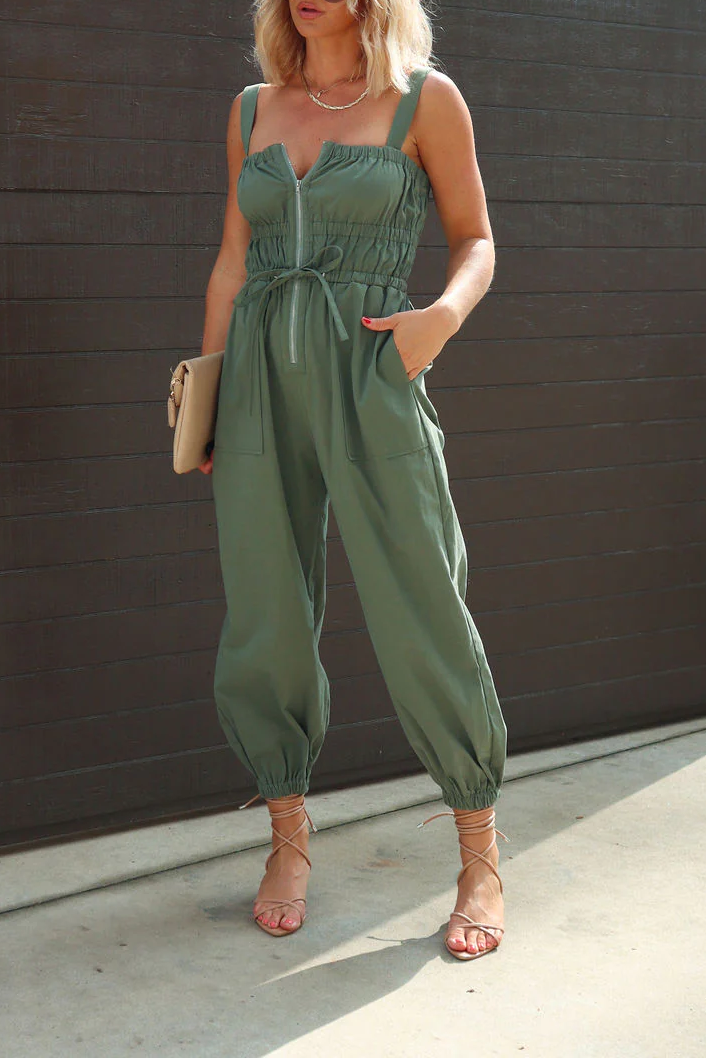 Mono de mujer para primavera y verano, de algodón lavado, informal, con doble bolsillo y cintura ajustada, con pantalones atados al tobillo.