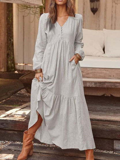 Vestido informal retro de manga larga con botones de algodón y lino para mujer, vestido holgado de otoño e invierno, multicolor
