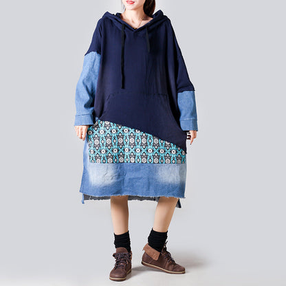 Suéter con capucha de retazos para mujer, largo medio, estilo retro, adelgazante, estampado informal