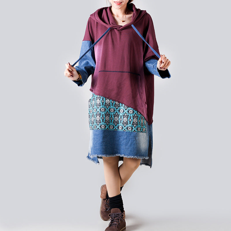 Suéter con capucha de retazos para mujer, largo medio, estilo retro, adelgazante, estampado informal