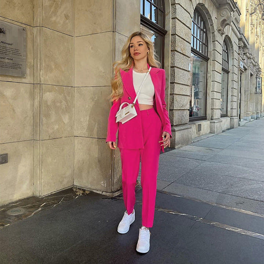 Conjunto de dos piezas de pantalones casuales de color sólido para mujer de primavera y otoño