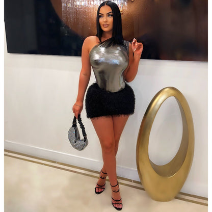 Conjunto de falda y mono para mujer, falda sexy y brillante, conjunto de dos piezas