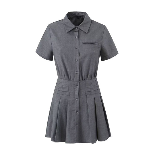 Vestido plisado gris con diamantes de imitación, estilo preppy, para primavera y verano, con mangas cortas, holgado y dulce.
