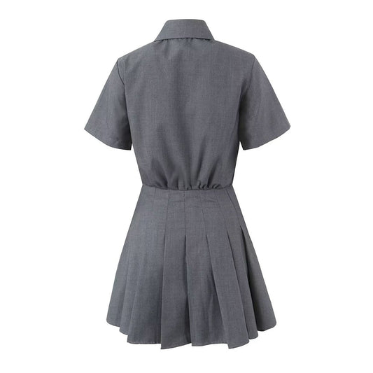 Vestido plisado gris con diamantes de imitación, estilo preppy, para primavera y verano, con mangas cortas, holgado y dulce.