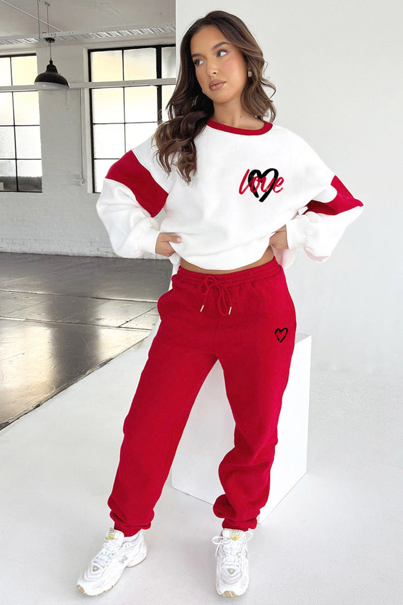 Conjunto de suéteres y pantalones casuales para mujer, con estampado multicolor de corazón de melocotón, para otoño e invierno