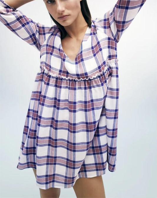 Women Clothing French Casual Retro Plaid Mini Long Sleeve Dress