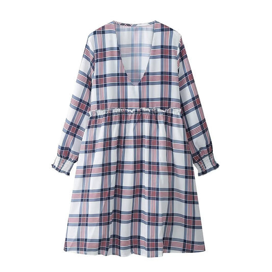 Women Clothing French Casual Retro Plaid Mini Long Sleeve Dress