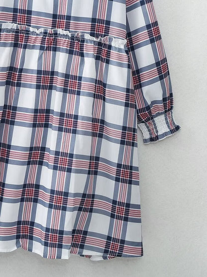 Vestido mini de manga larga estilo francés informal retro a cuadros para mujer