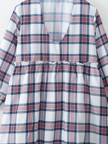 Vestido mini de manga larga estilo francés informal retro a cuadros para mujer