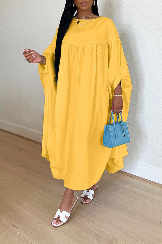 Women Clothing Autumn Winter Solid Color round Neck Loose Pleated Irregular Asymmetric Dress