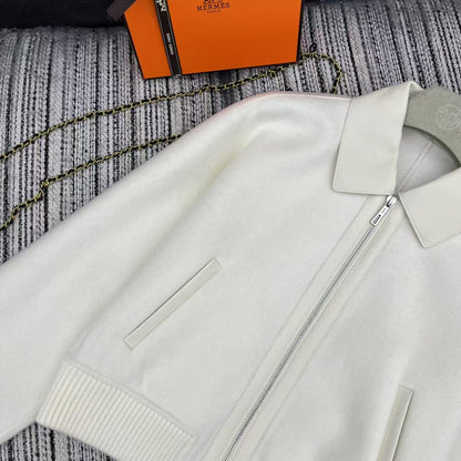HM Patchwork Leather Lapel Double-faced White Cashmere Jacket