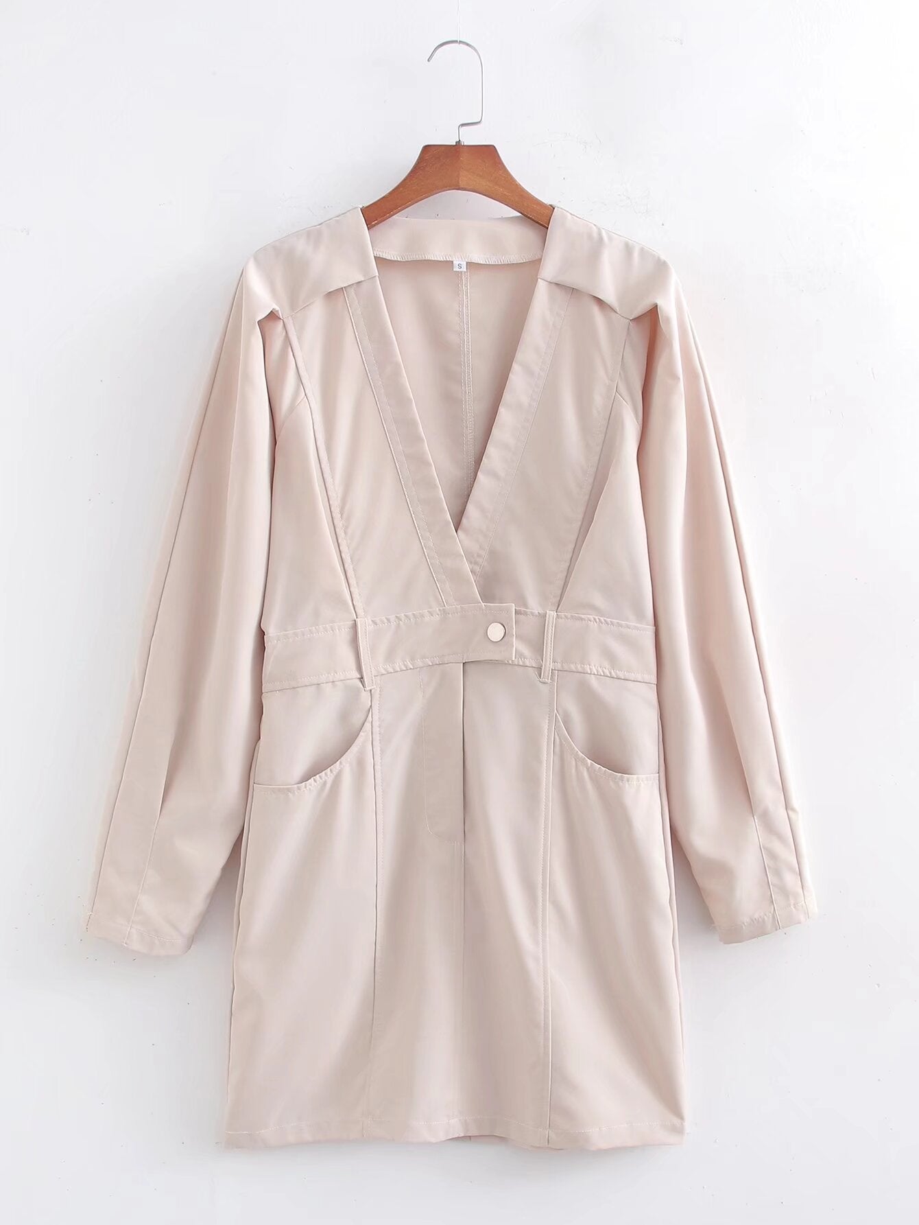 Vestido de manga larga con cuello en V y color liso para mujer de primavera