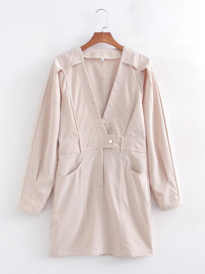 Vestido de manga larga con cuello en V y color liso para mujer de primavera