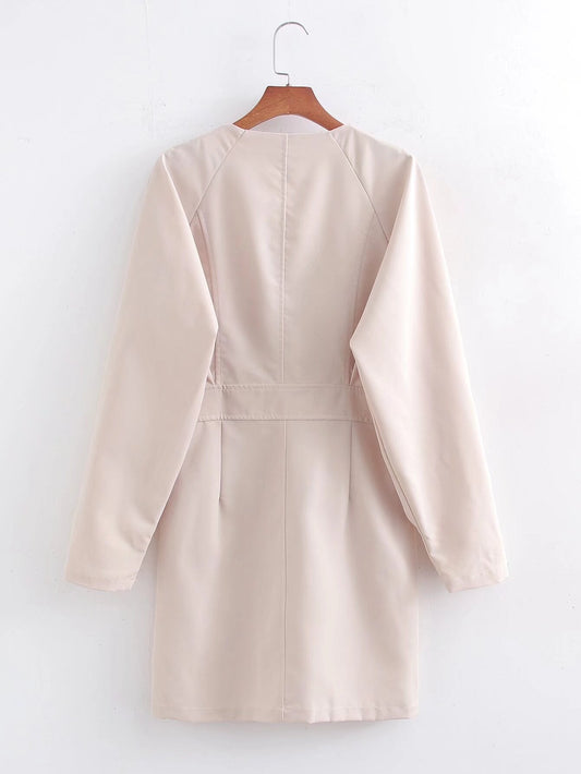 Vestido de manga larga con cuello en V y color liso para mujer de primavera