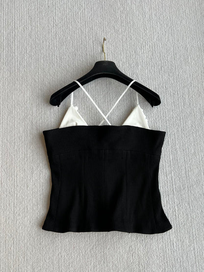 CC 25 Splicing Tube Top Camisole Black and White Mixed Fiber Waffle Jacquard Fabric 275554