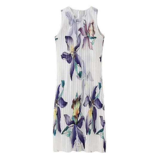 Winter Women Clothing Casual Pleated Printed Sleeveless Dress
