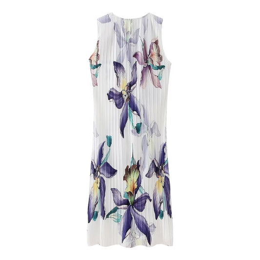 Winter Women Clothing Casual Pleated Printed Sleeveless Dress