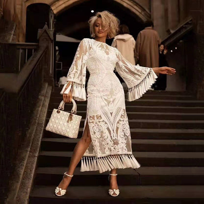 Vestido bordado de primavera para mujer, vestido blanco con borlas y encaje.