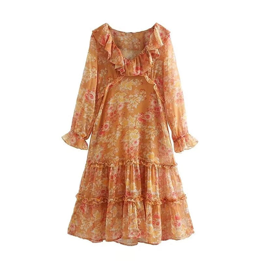 Winter Women Clothing Casual Solid Color Spaghetti Strap Floral Print Dress Two Piece Set
