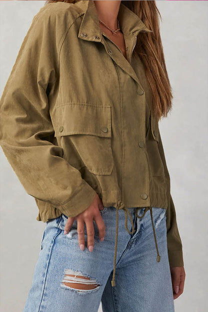 Chaqueta midi de dos bolsillos con múltiples botones y solapa de cuadros cepillados