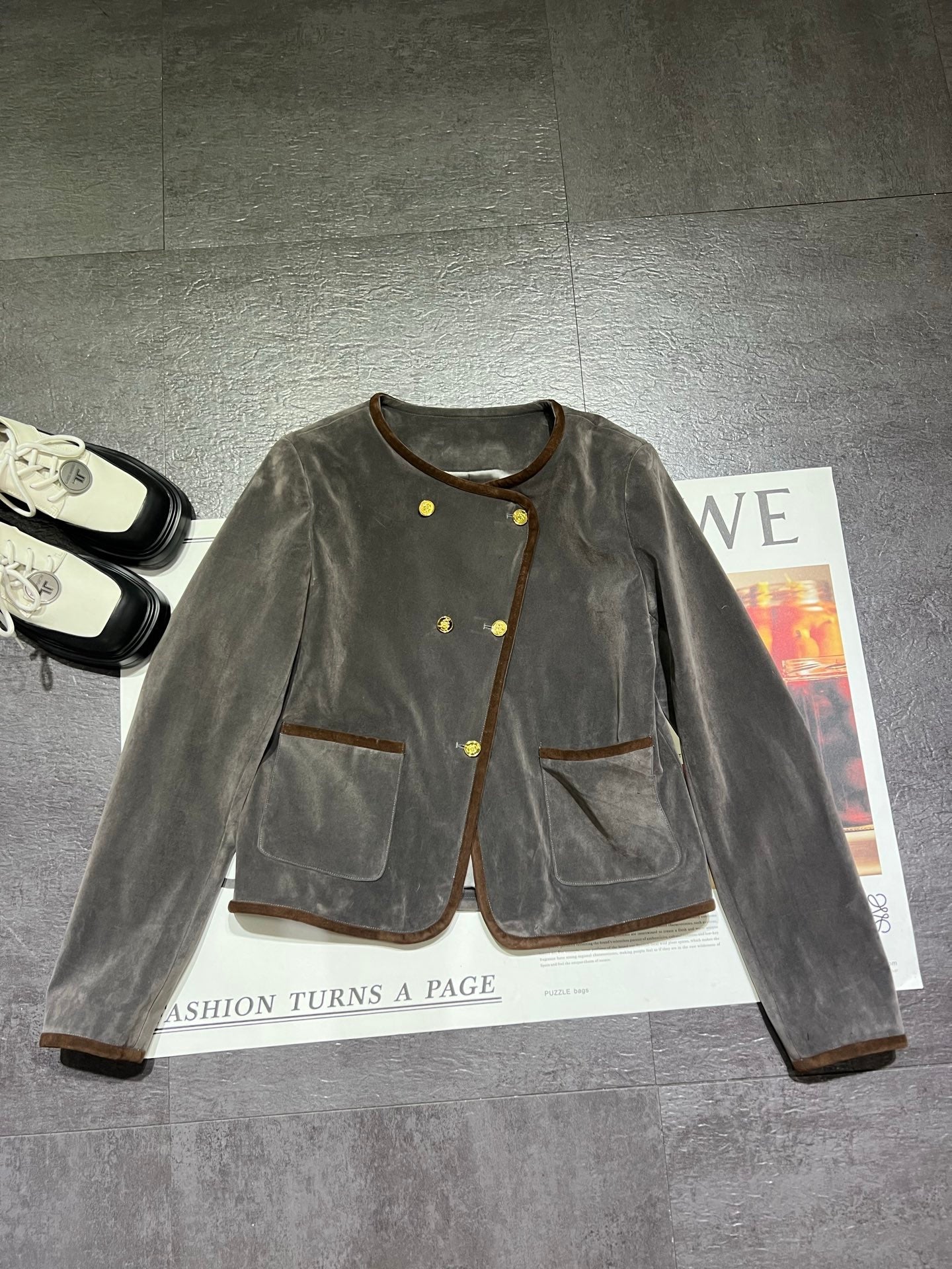 Celine 26ss Short Jacket + A-Line High-Waisted Skirt Set Gray in Suede 189584