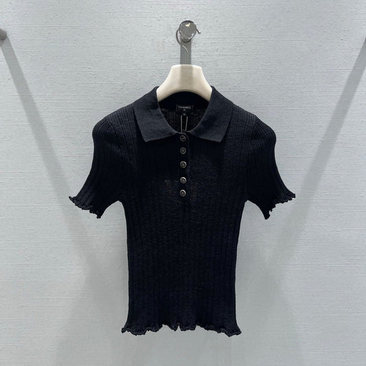 CC 26S Ribbed Knit Short-sleeve Black Linen Cotton 349010
