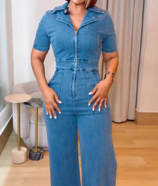 Casual Loose Straight Leg Demin Jumpsuits with Pockets