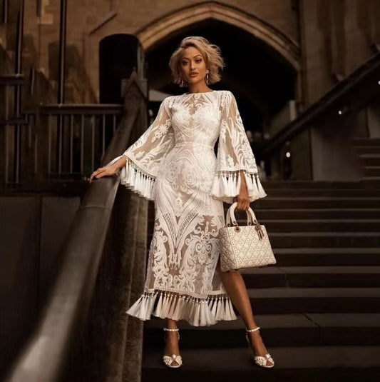 Vestido bordado de primavera para mujer, vestido blanco con borlas y encaje.