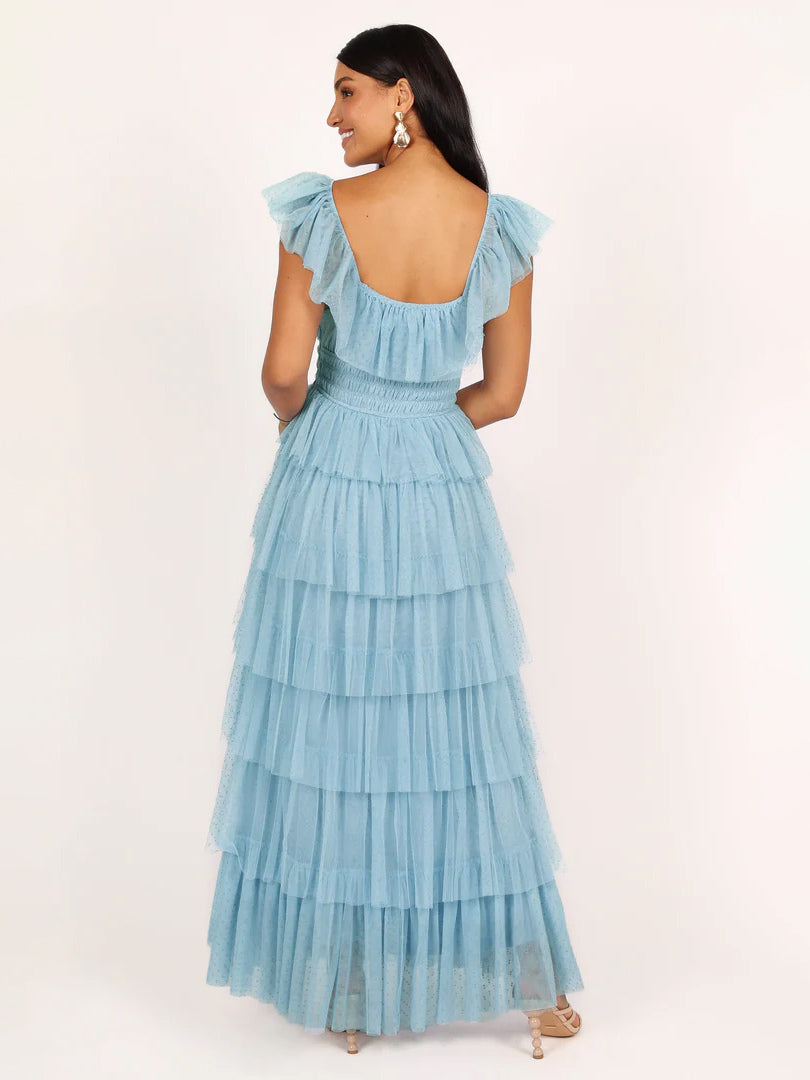 Layered Dress Cap Sleeves Sqaure Neck Elegant A-Line Prom Maxi Dresses