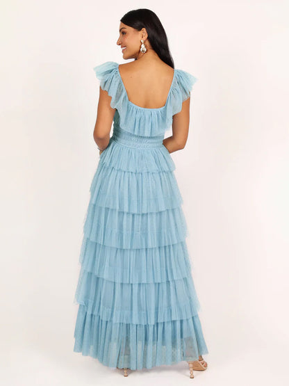 Layered Dress Cap Sleeves Sqaure Neck Elegant A-Line Prom Maxi Dresses