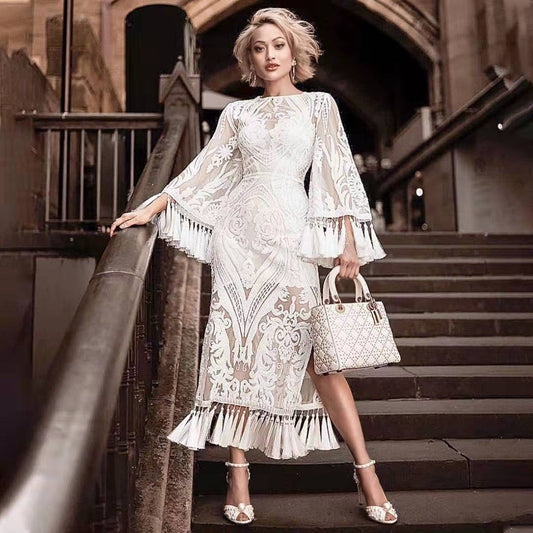 Vestido bordado de primavera para mujer, vestido blanco con borlas y encaje.