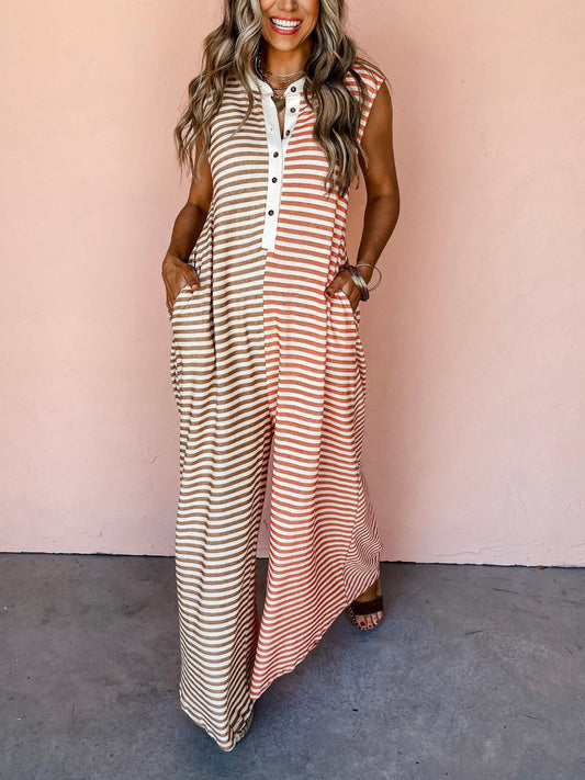 Mono de mujer para primavera y verano, de rayas de colores combinados, sin mangas, holgado, fresco, de pierna ancha, largo, de una pieza