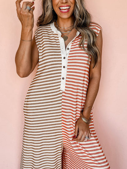 Ladies Spring Summer Jumpsuit Mixed Color Stripe Sleeveless Loose Fresh Wide Leg Long One Piece