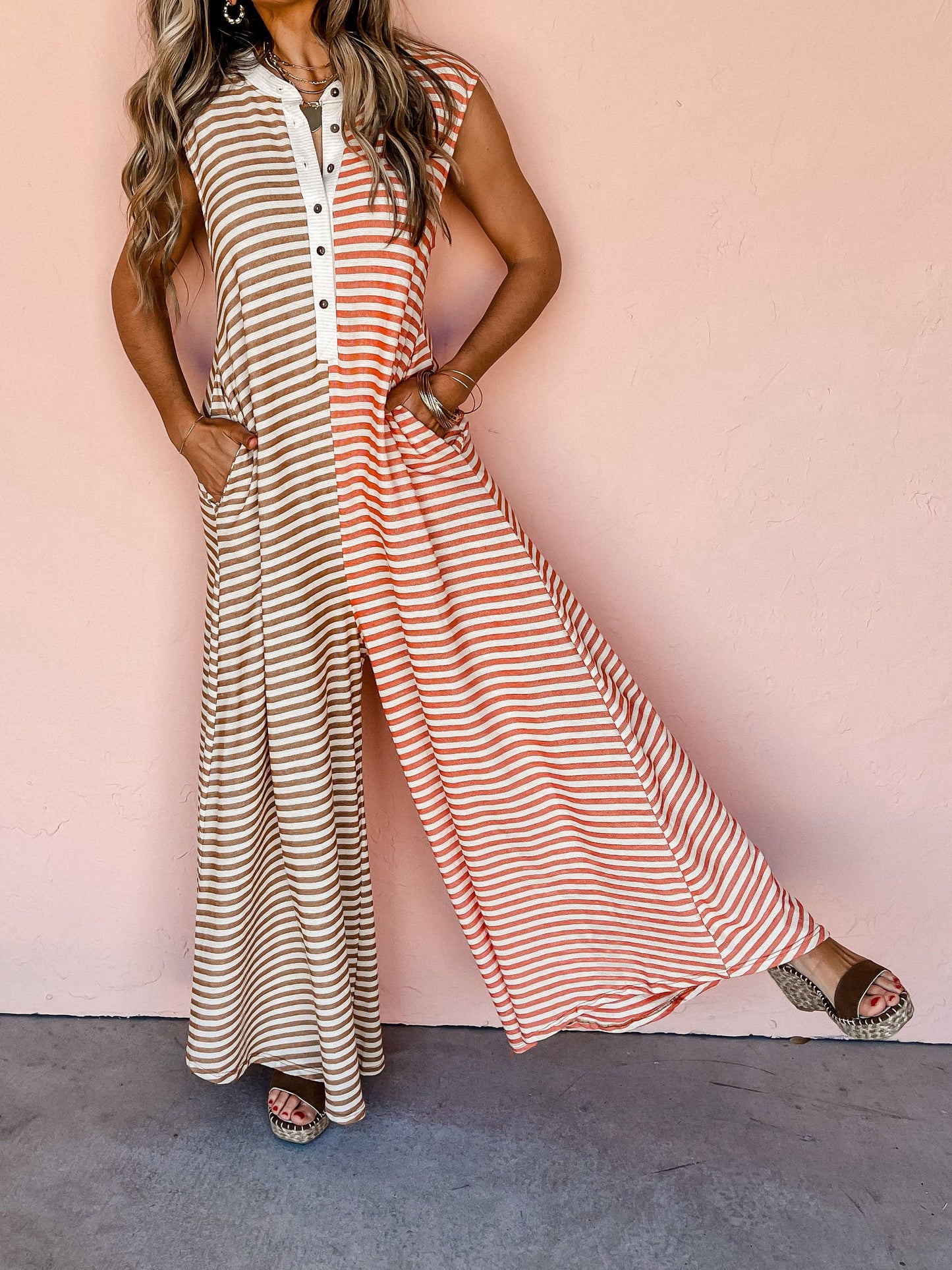 Ladies Spring Summer Jumpsuit Mixed Color Stripe Sleeveless Loose Fresh Wide Leg Long One Piece