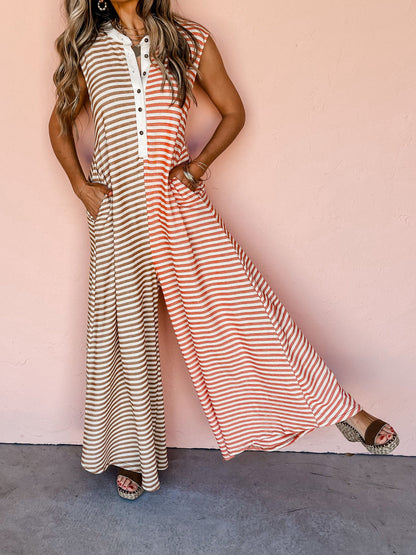 Ladies Spring Summer Jumpsuit Mixed Color Stripe Sleeveless Loose Fresh Wide Leg Long One Piece