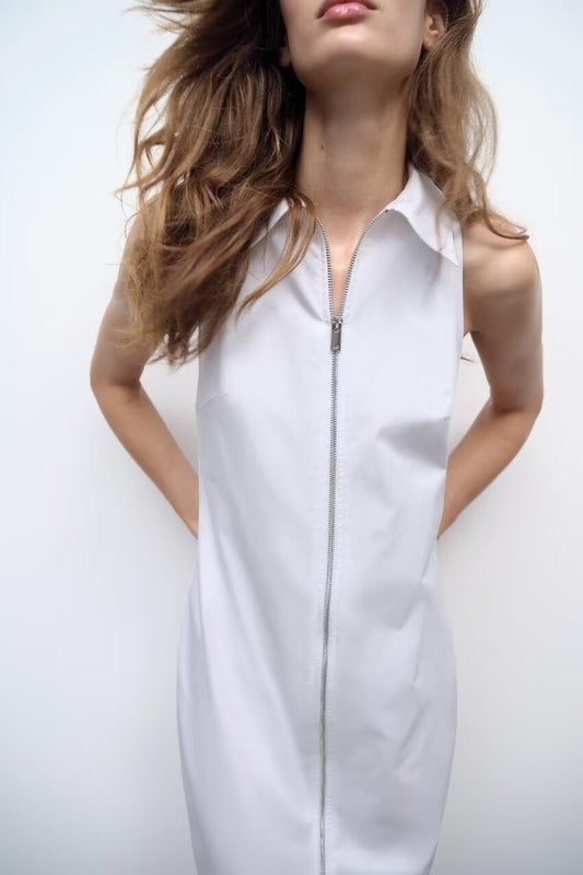 Women Clothing Summer Sexy Collared off the Shoulder Long Zipper Dress Women