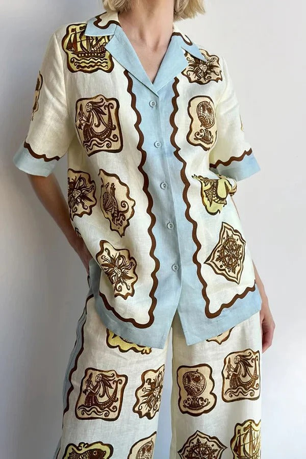 Blusa extragrande con botones y manga corta con estampado único de mezcla de lino Lakeside Breeze