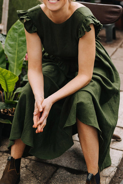 VESTIDO DE LINO CON MANGAS CON VOLANTES Y ESPALDA DESCONECTADAS
