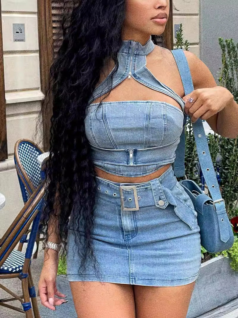 Conjunto de falda informal sexy con cuello halter y cremallera de mezclilla elástica lavada