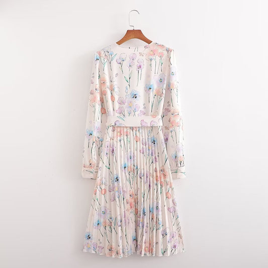 Vestido de manga larga con estampado arrugado para mujer de primavera