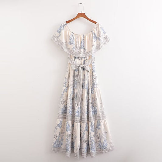 Vestido de primavera para mujer, largo medio, con estampado de hojas de loto en los hombros