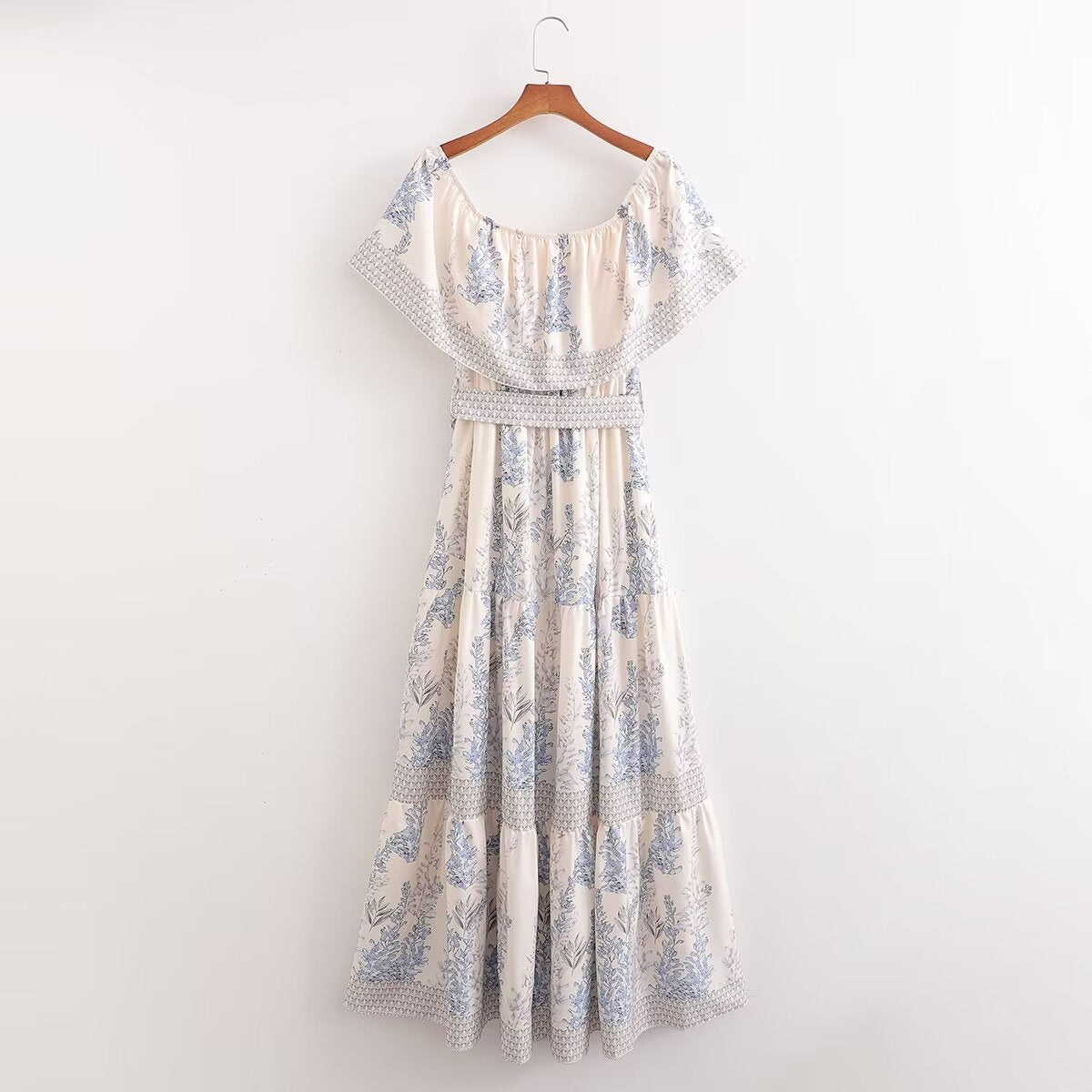 Vestido de primavera para mujer, largo medio, con estampado de hojas de loto en los hombros